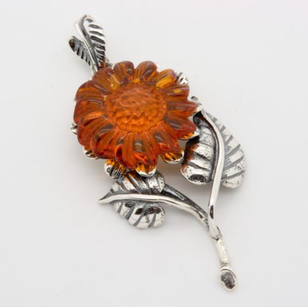 Carved Baltic Amber Flower Oxidized Silver Pendant